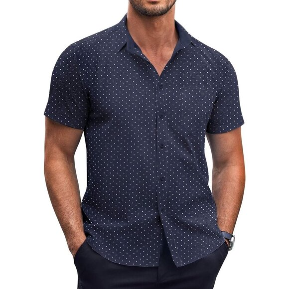 Navy Blue Men Short Sleeve Button Down Wrinkle Free Polka Dot Print Shirt